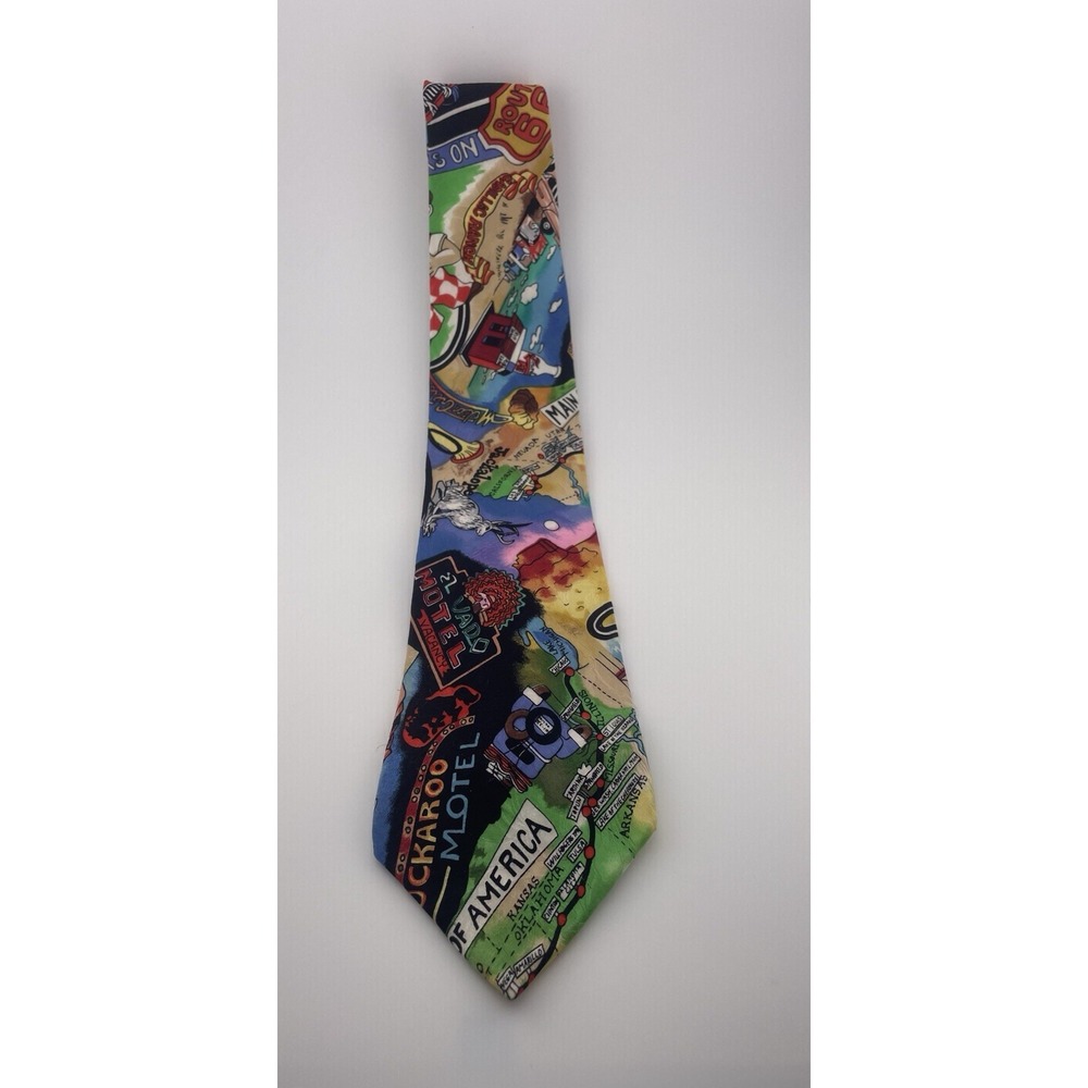 Nicole Miller‎ Silk Novelty Tie Vintage 90s Route 66 Travel Road Trip 1991 USA